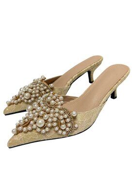 Vita Grace NWT Cream Pearl Beaded Bridal Kitten Heel Mule